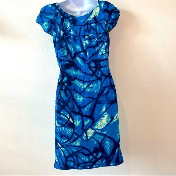 Yoana Baraschi Blue Dress With Chartreuse Accent Belt 100% Silk  Anthropologie - Picture 8 of 16